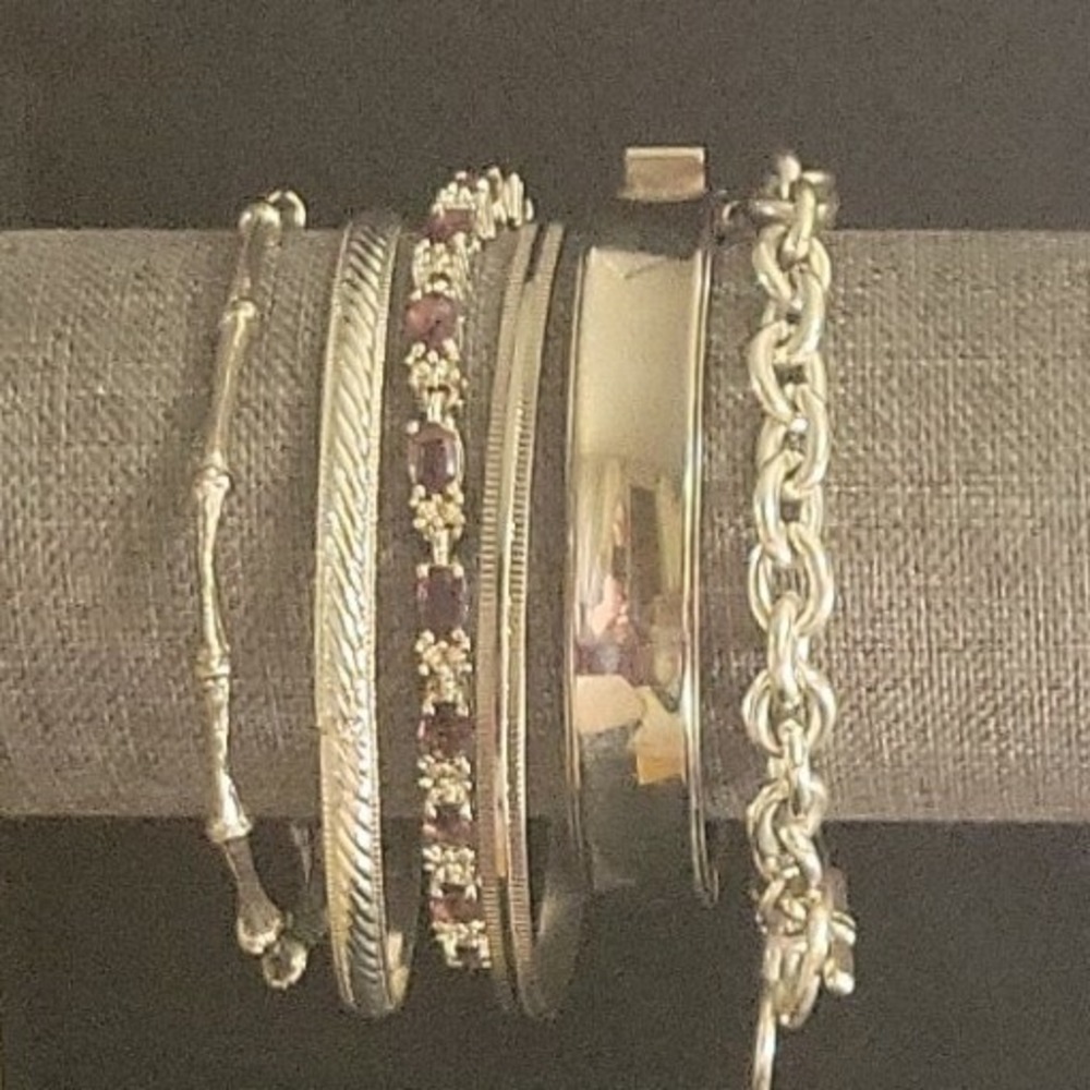 Avon Amethyst Tennis Bracelet & Silver Tone 6 Piece Stack Set Size 7-7.5 Vintage